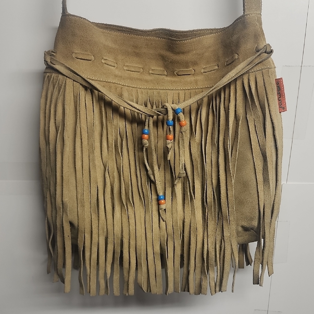 Fringed Suede Crossbody Bag in Tan